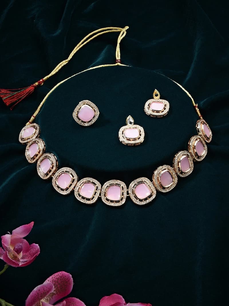 Women's Pink Stones Dazzling Austrian Diamonds Necklace Earring & Ring Set-ZPFK16074