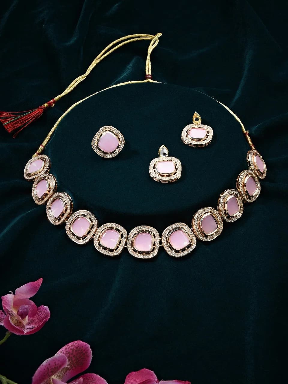 Women's Pink Stones Dazzling Austrian Diamonds Necklace Earring & Ring Set-ZPFK16074
