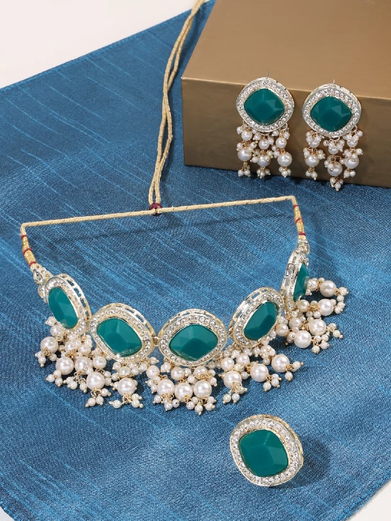 Women's Green Statement Stones Cluster Beads Choker Necklace Earring & Ring Set-ZPFK15934