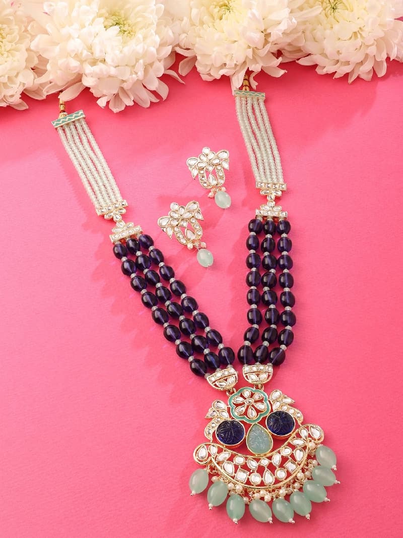Women's Green Blue Stones & Multistrand Beaded Long Kundan Necklace & Earring Set-ZPFK15643