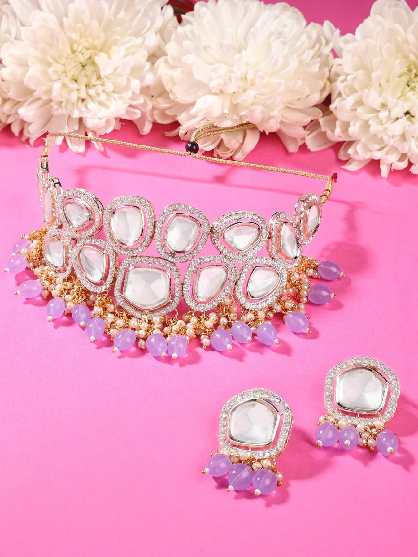 Women's Purple Beads Drop Kundan Bridal Choker Necklace & Earring Set-ZPFK15841