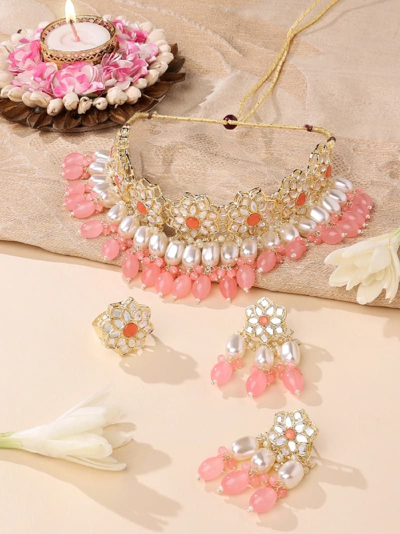 Women's Pink Stones & Layer Cluster Beads Kundan Flowers Choker Necklace Earring & Ring Set-ZPFK14833