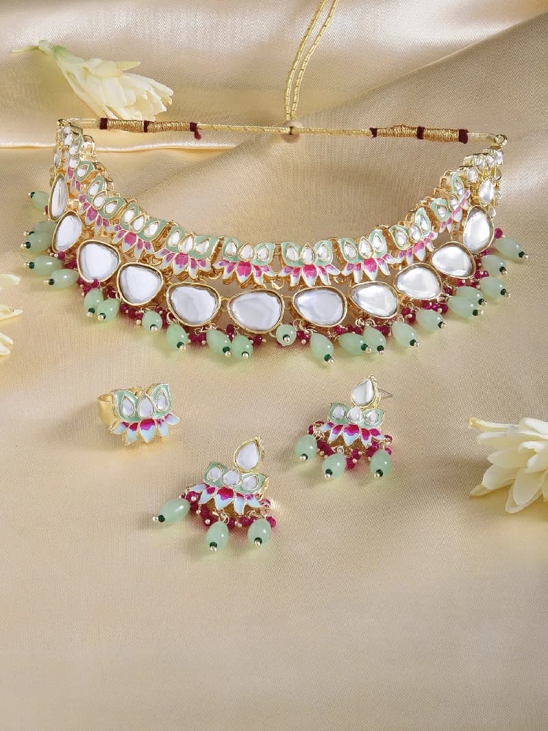 Women's Green & Pink Meenakari Lotus Kundan Necklace Earring & Ring Set-ZPFK15197