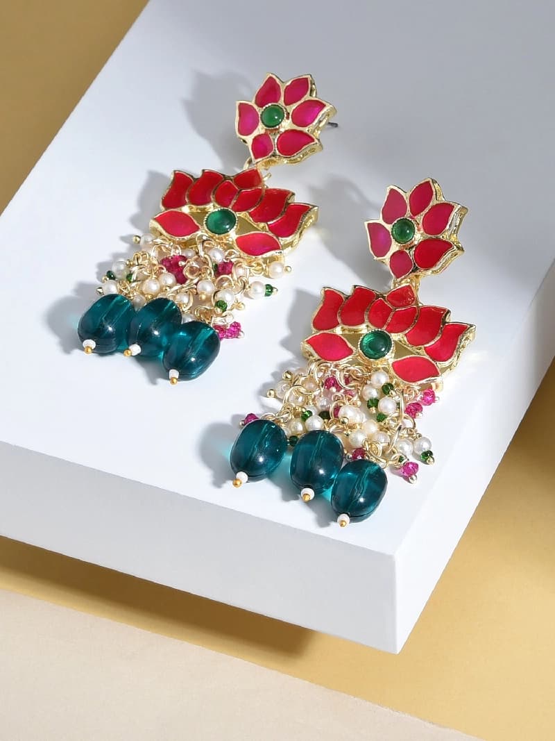 Women's Green Beads & Pink Meenakari Lotus Design Drop Earring-ZPFK15389