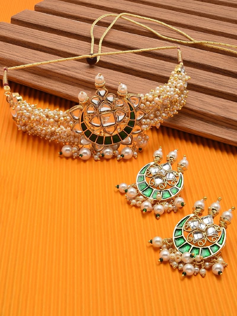 Women's Green Meenakari Clustered Pearls Patta Kundan Choker Necklace & Earring Set-ZPFK10236