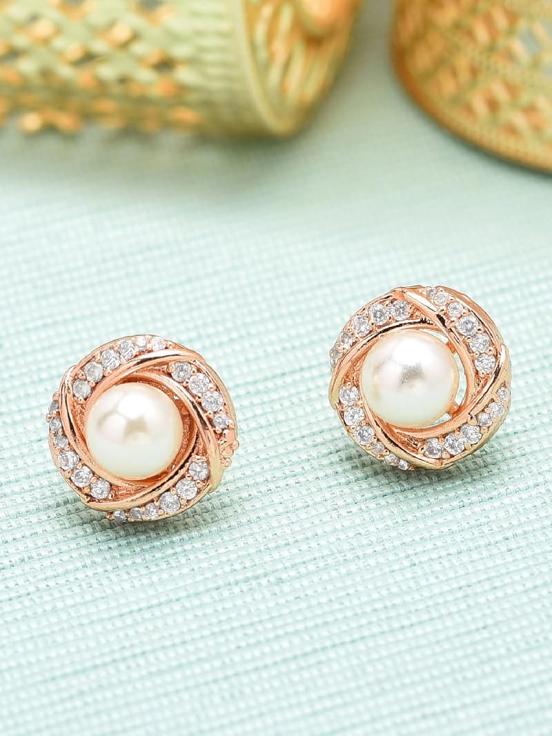Women's Rose Gold Cubic Zirconia & Pearl Contemporary Brass Stud Earring-ZPFK10093
