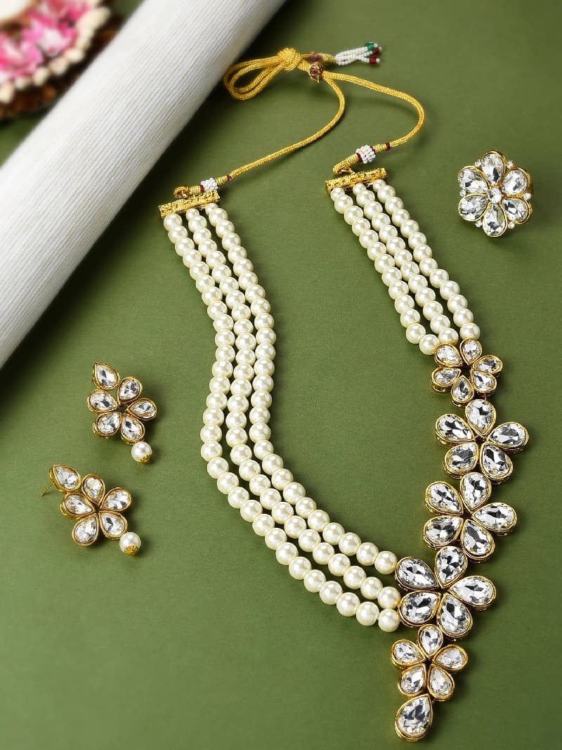Women's Gold Tone Multistrand Pearls Ethnic Necklace Earring & Ring Set-ZPFK10726