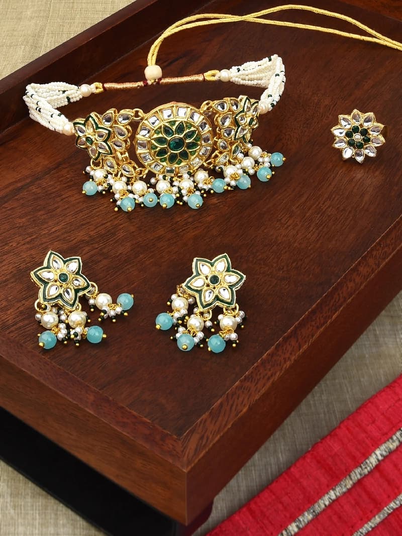 Women's Green Beads & Kundan Casual Choker Necklace Earring & Ring Set-ZPFK11066