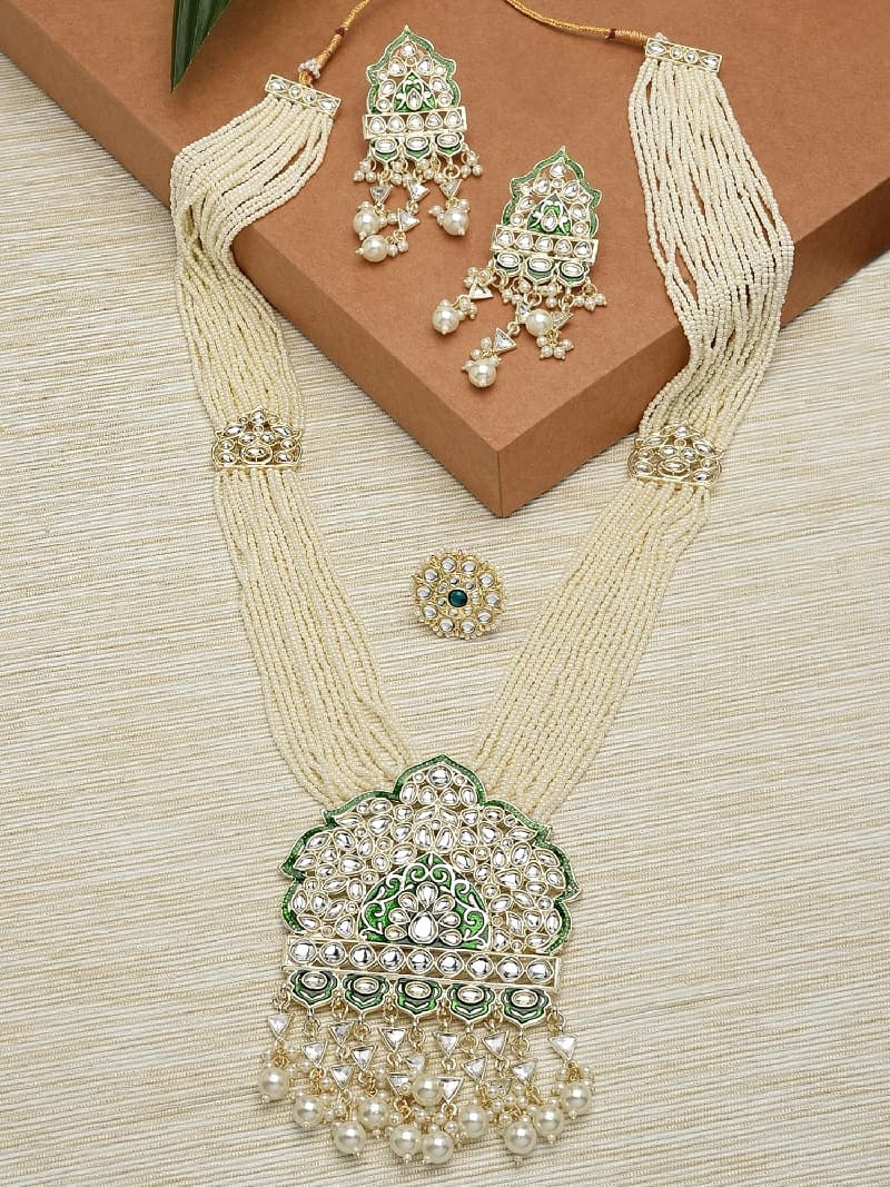 Women's Green Meenakari Long Multi Strand Bridal Necklace Earring & Ring Set-ZPFK12126