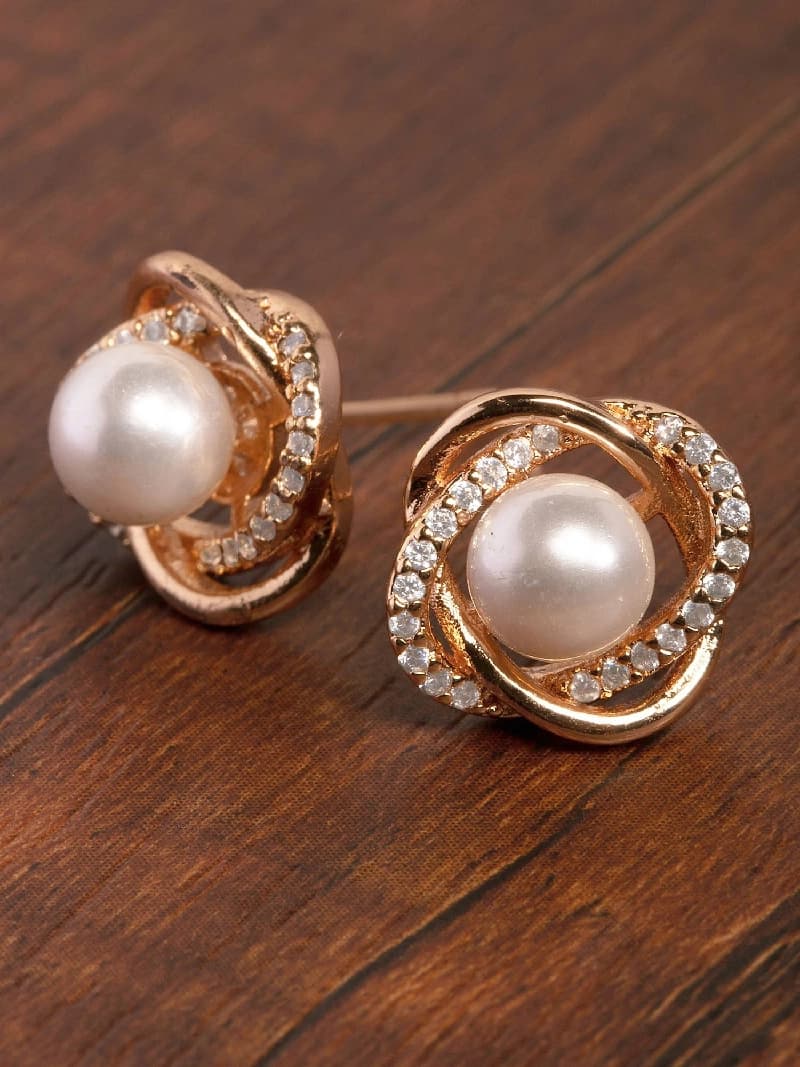 Women's Rose Gold Tone Cubic Zirconia & Pearl Contemporary Brass Stud Earring-ZPFK9460