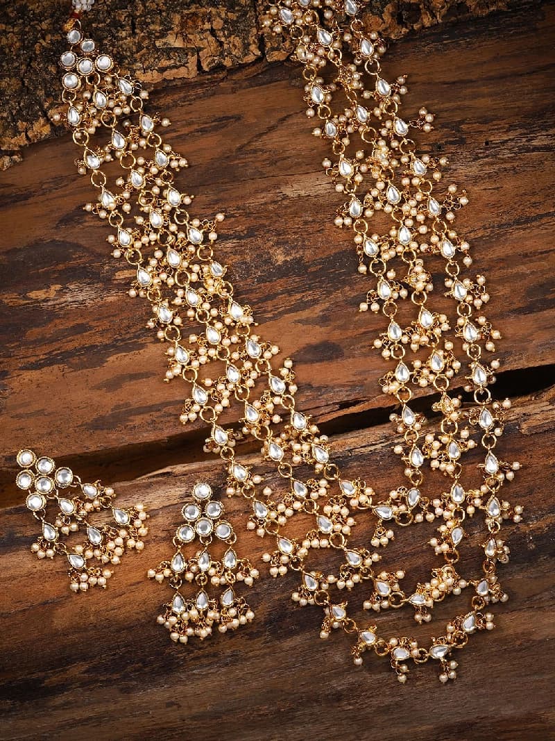 Women's Multi Layered Long Kundan & Dangling Pearls Ethnic Necklace & Earring Set-ZPFK8725