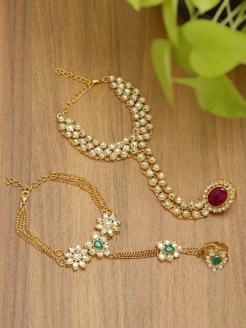 Women's Combo of 2 Pink and Green Stones Embellished Dazzling Kundan Ring Bracelets-ZPFK9048
