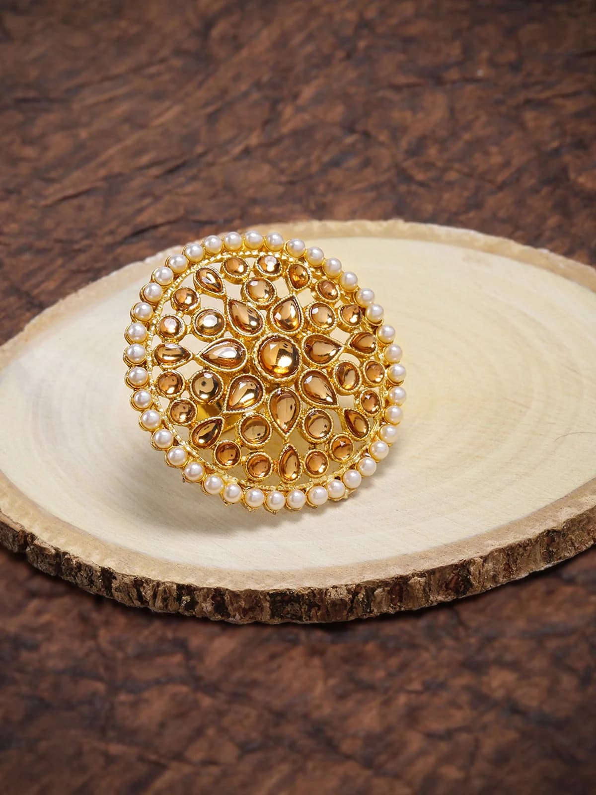 Women's Gold Tone Stones & Pearls Embellished Circular Casual Ring-ZPFK8826