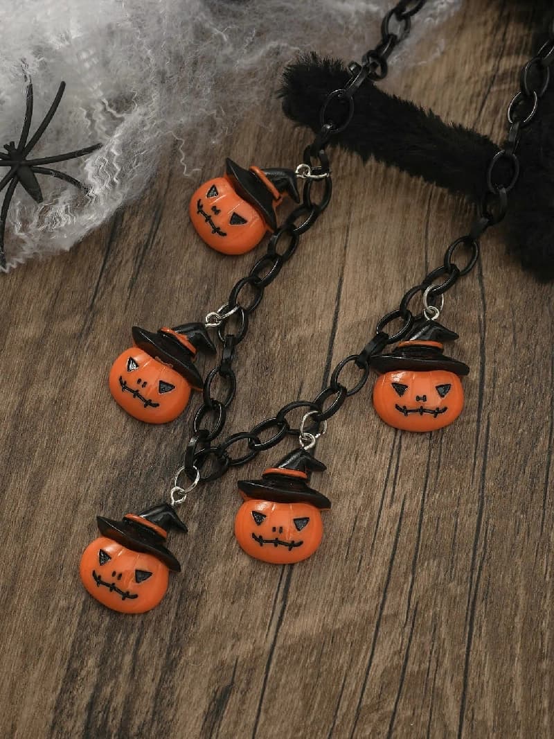 Women's Black and Orange Halloween Pumpkin Black Necklace