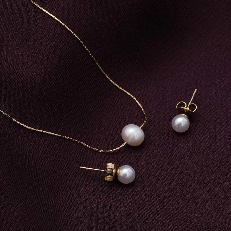 Women's Gold Serene Pearl Necklace & Earring Jewellery Set - Pack of 2
