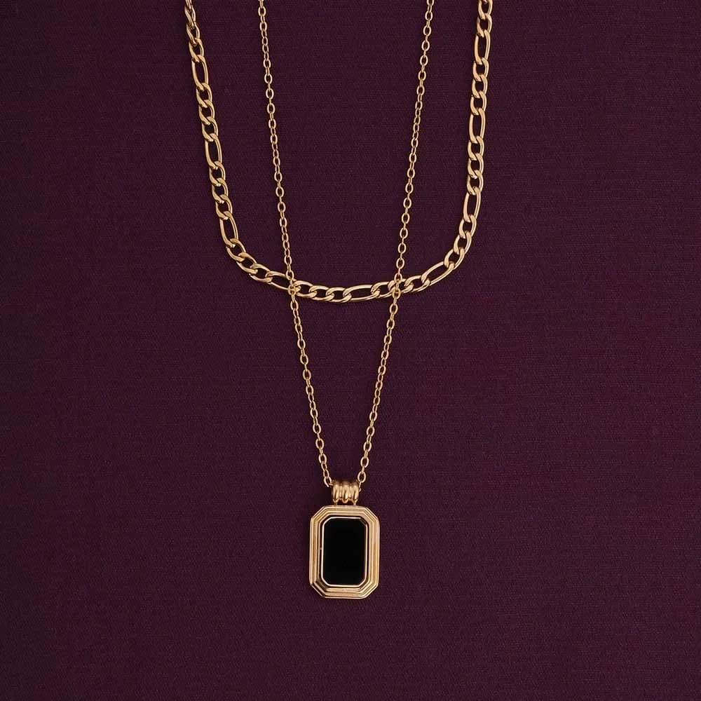 Women's Gold Plated Black Onyx Two Layer Necklace Waterproof & Anti-Tarnish