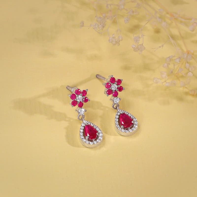 Women's Silver Pink Flower Mini Drop Earrings