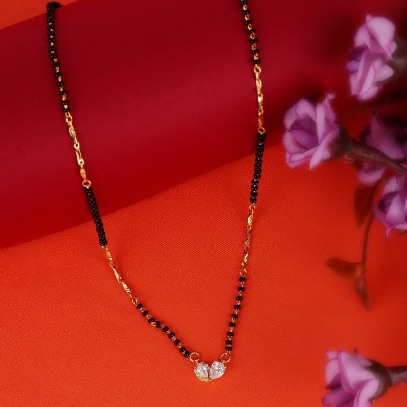 Women's Casual Modern CZ Studded Oval Shape Gold Plated Black Beaded Adjustable Chain Mangalsutra