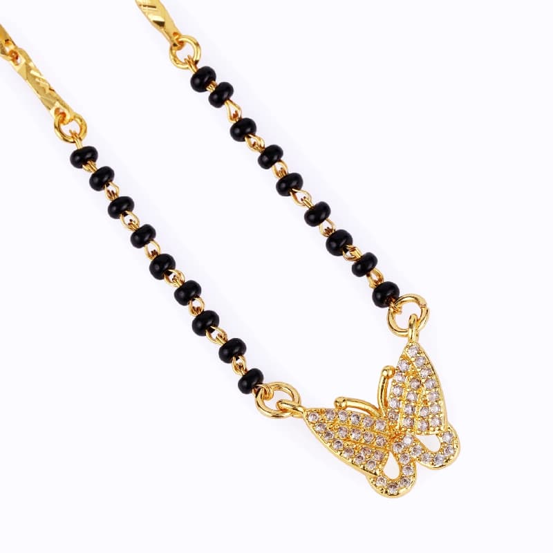Women's Casual Modish Butterfly Design Gold Plated Black Beaded Adjustable Chain Mangalsutra