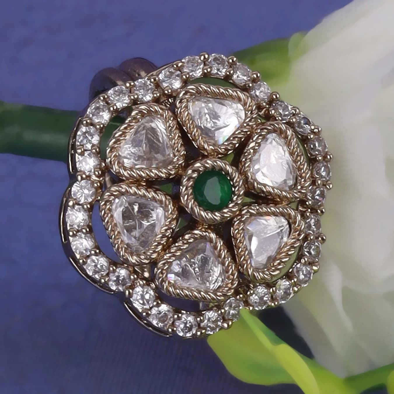 Women's Flower Design White Stone Gold Plated Brass Adjustable Finger Ring