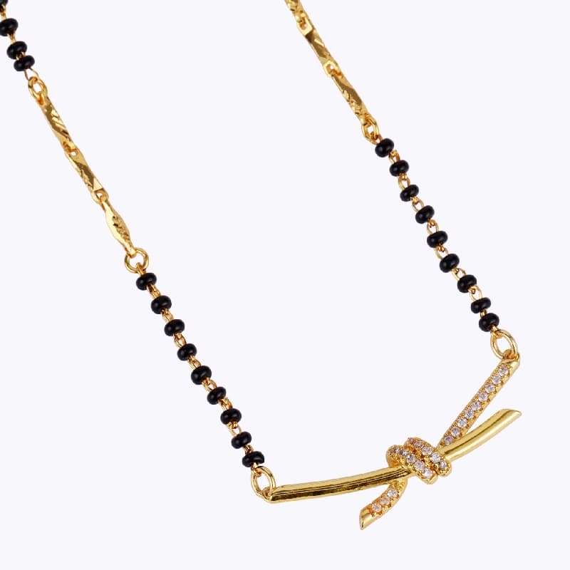 Women's Casual Delicate CZ Studded Gold Plated Black Beaded Adjustable Chain Mangalsutra