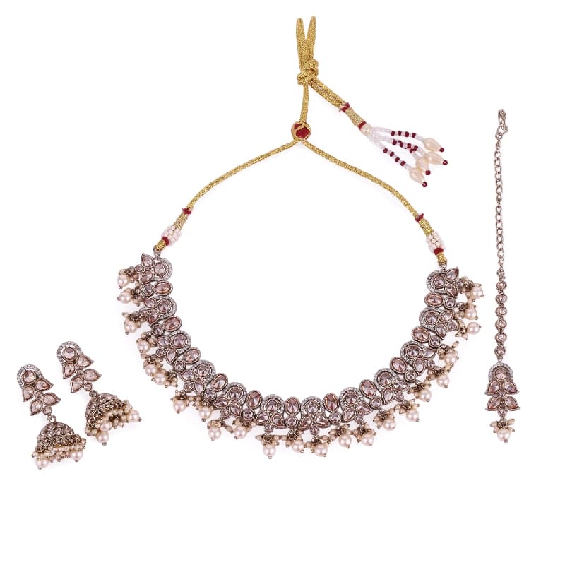 Women's and Girls Splendid Leaf and Paisley Design Pearls Guchha Gold Plated Choker Necklace Set with Maangikka