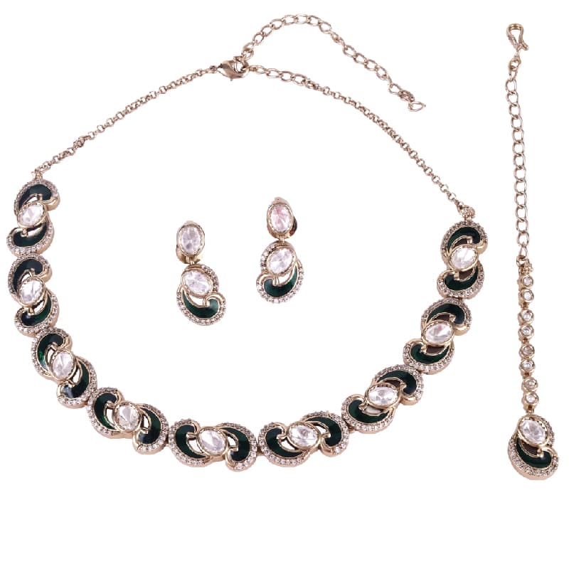 Women's and Girls Eye-Catchy Round and Paisley Design Gold Plated Choker Necklace Set with Maangikka