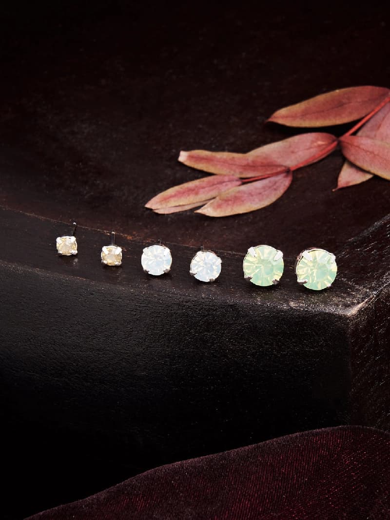 Women's Green Crystal Stud Earring - Set of 3