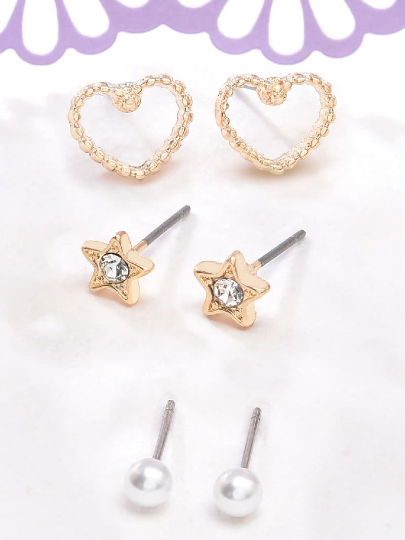 Women's Gold Heart Stud Earring - Set of 3