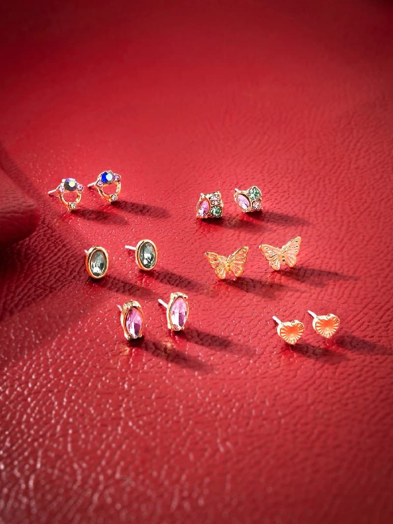 Women's Multi Butterfly Stone Stud Earrings - Set of 6