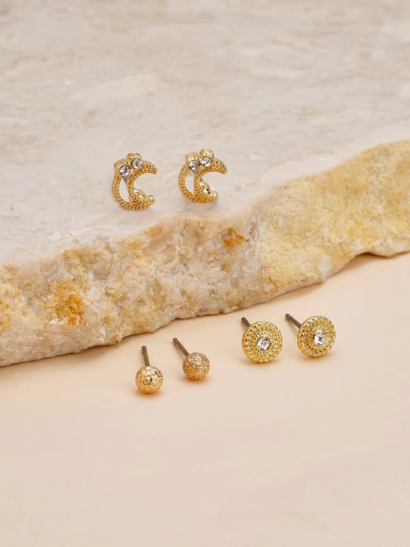 Women's Moon Gem Stud Earrings - Set of 3