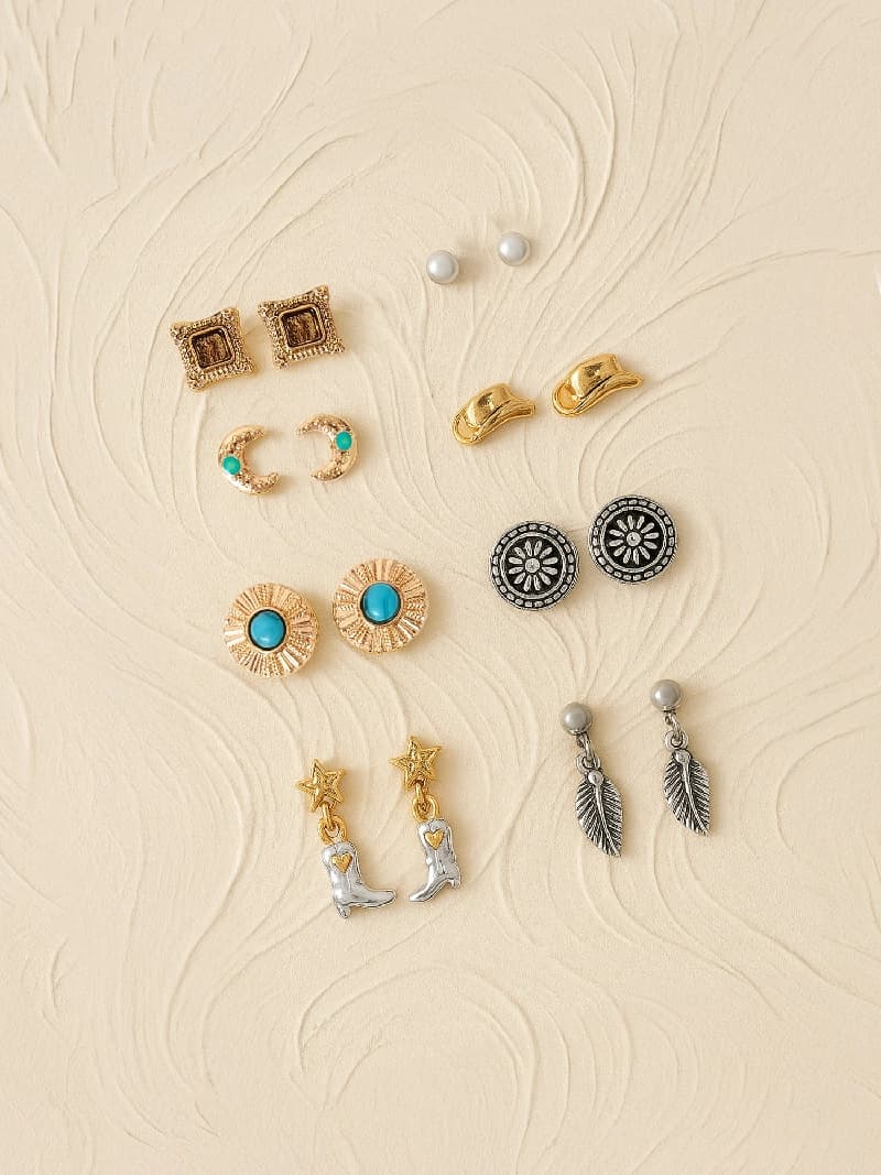 Women's Multi Cowboy Stud Earrings - Set of 8
