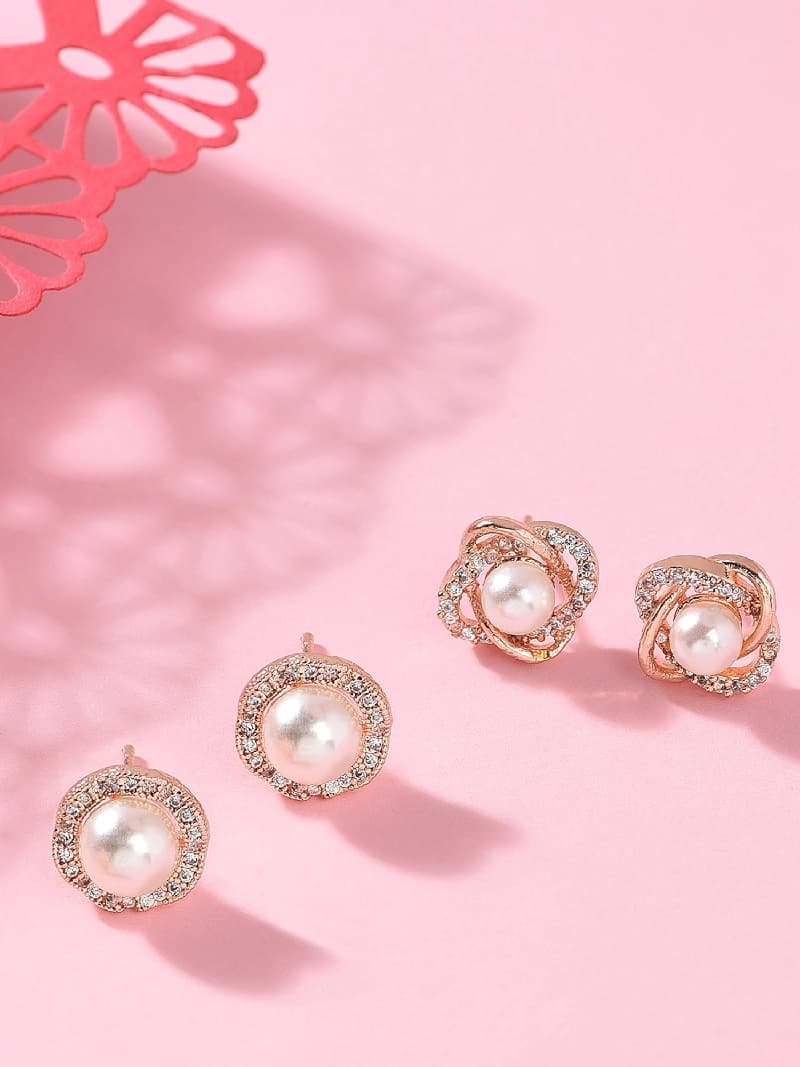 Women's Gold Tone Contemporary Cubic Zirconia Brass Stud Earrings - Pack of 2