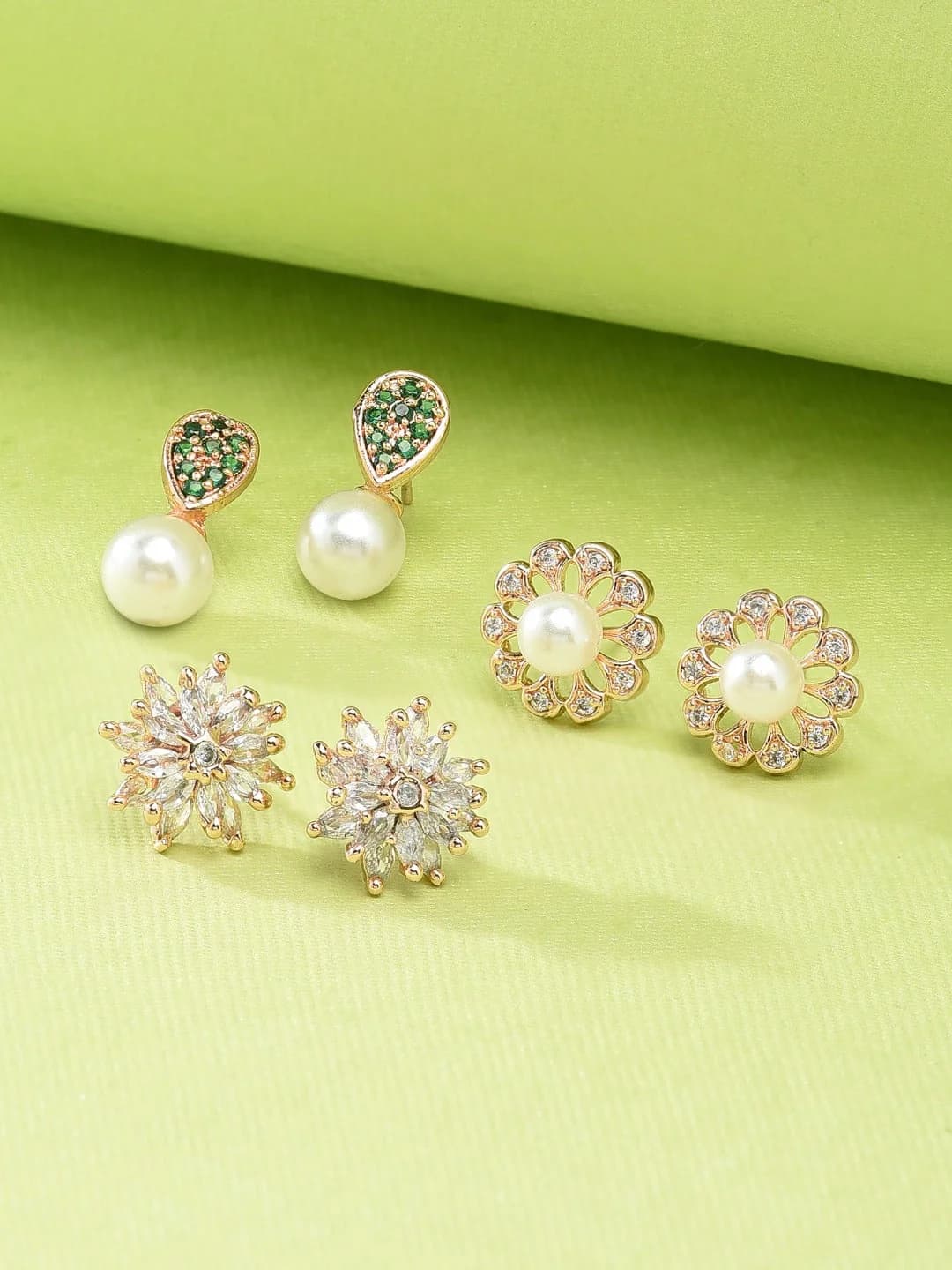 Women's Cubic Zirconia Diamonds and Pearls Contemporary Stud Earrings - Pack of 3