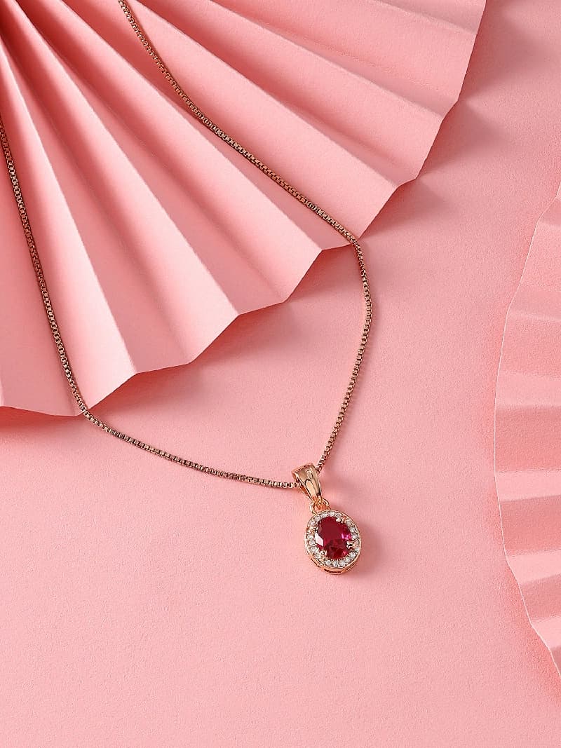 Women's Pink Rose Gold Contemporary Cubic Zirconia Pearl Embellished Pendant and Chain