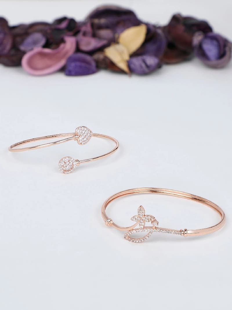 Women's Rose Gold Contemporary Cubic Zirconia Brass Kada Style Bracelet - Pack of 2