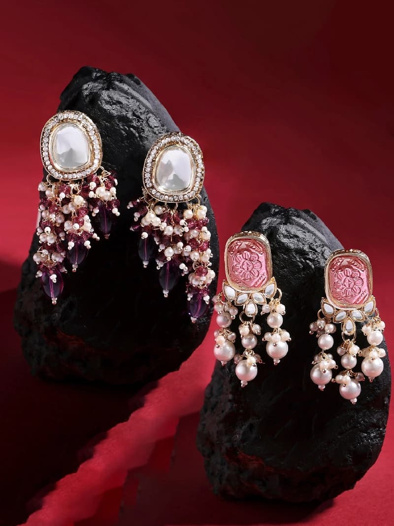 Women's Wine Color Stones Beads Clustered Casual Drop Earrings - Pack of 2