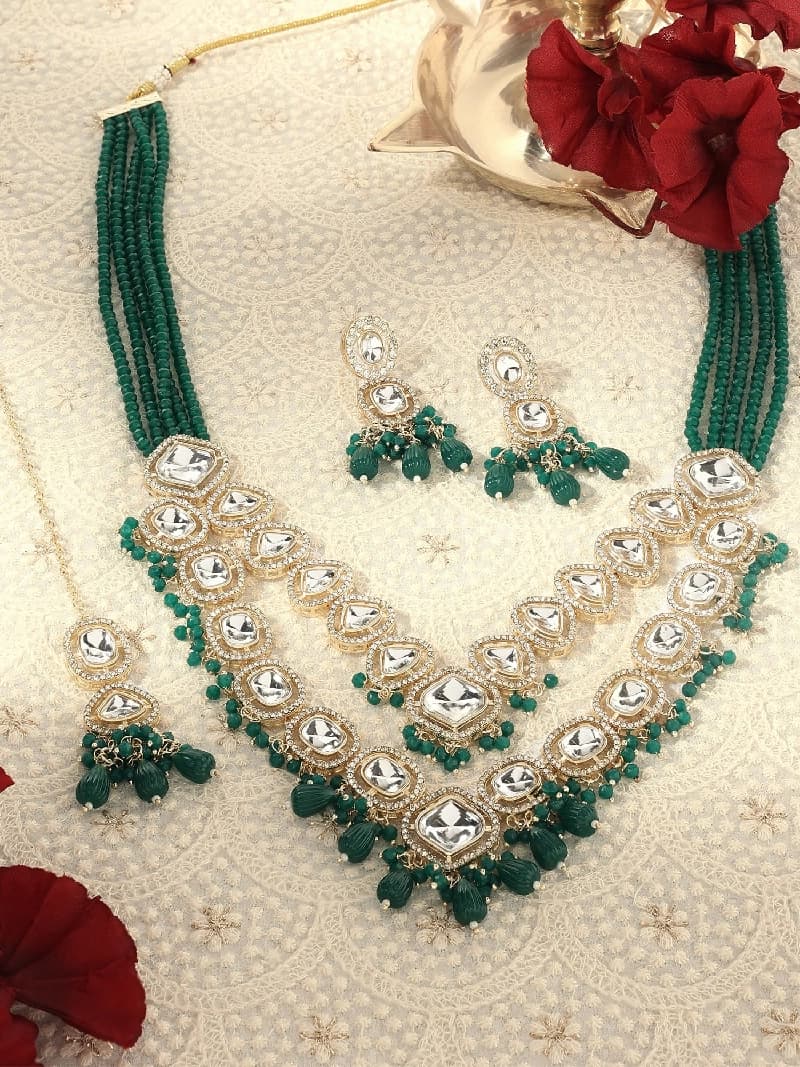Women's Green Multistrand Crystal Austrian Diamonds Artificial Stones and Beads Bridal Necklace Earring with Maangtikka Set