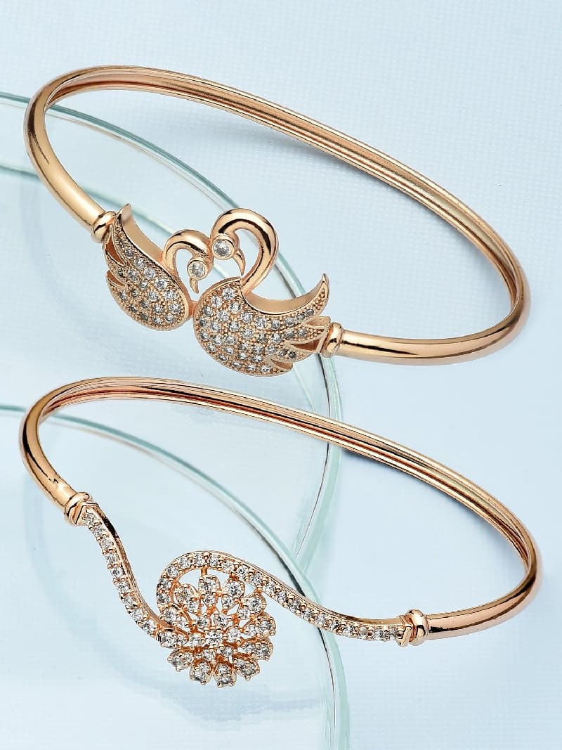 Women's Rose Gold Cubic Zirconia Brass Kada Bracelets - Set of 2