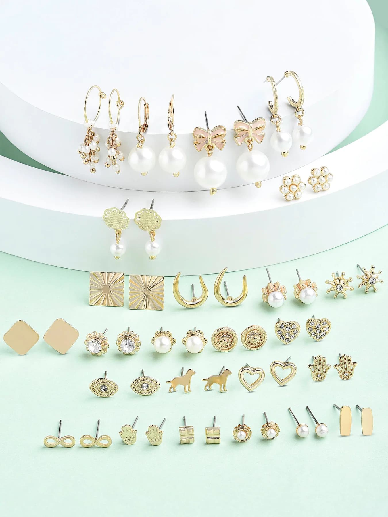 Women's Gold Tone Contemporary Studs and Drop Earrings - Set of 25
