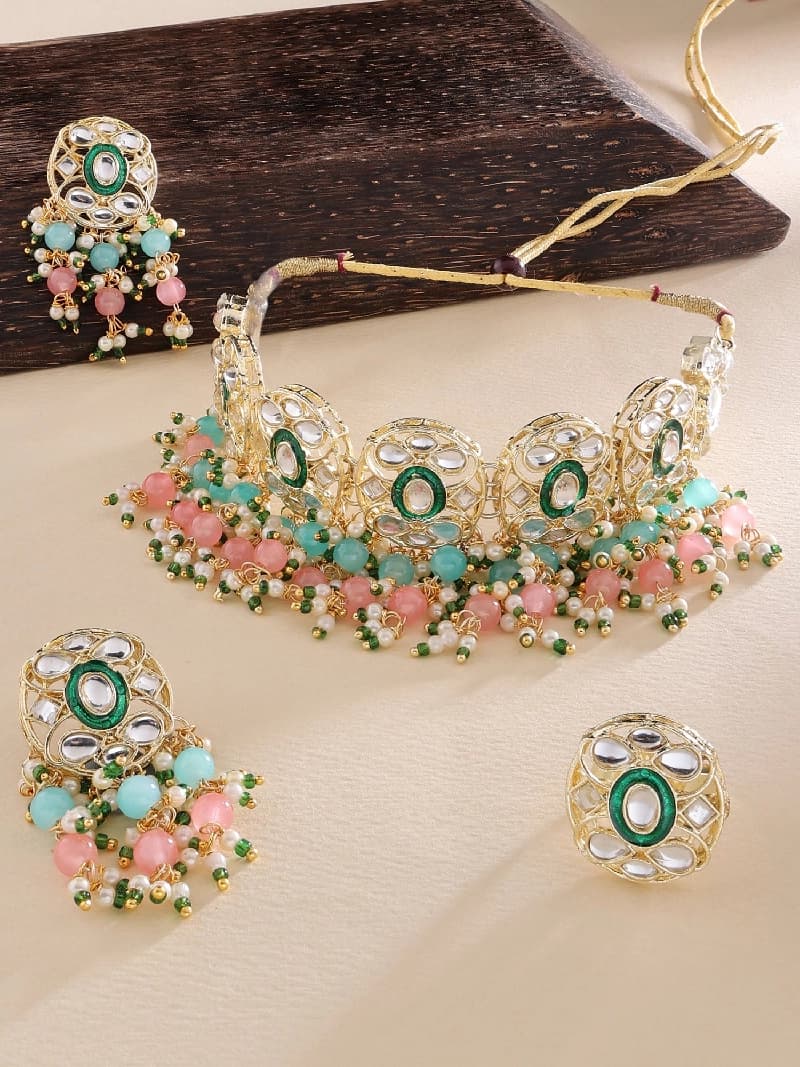 Women's Pink and Green Beads Cluster Drops Kundan Choker Necklace Earring and Ring Set