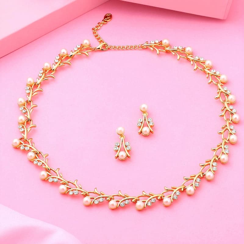 Women's Gold Plated Gorgeous Designer Necklace Set with Crystals and Pearls