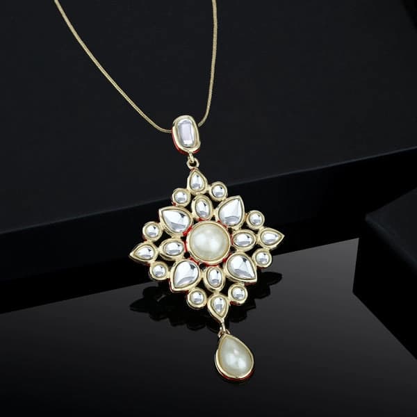 Girls Gold Plated Elegant White Polki Kundan Pendant with Pearl