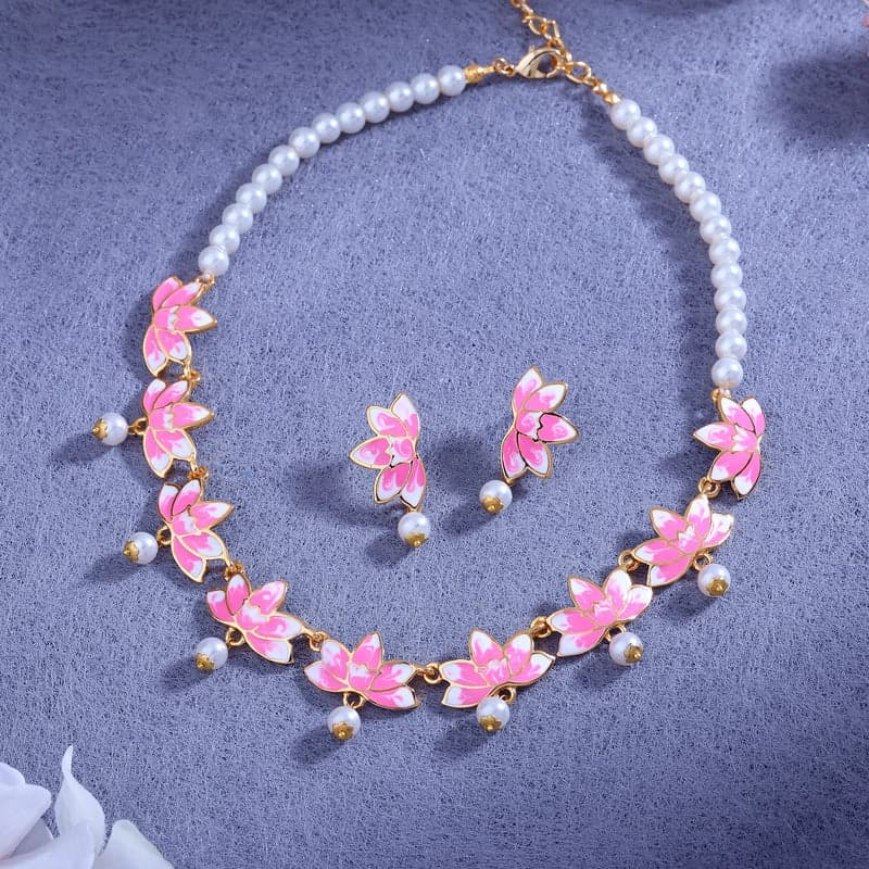 Gold Plated Lotus Designer Pearl Necklace Set with Pink Enamel for Girls and Women