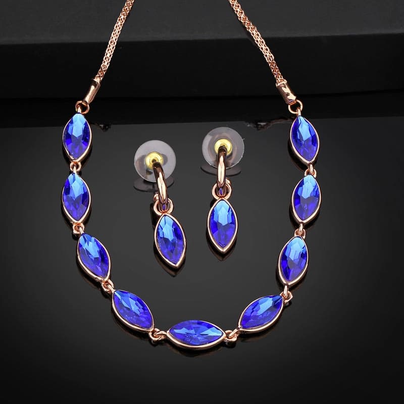 Women's Rose Gold Plated Pear Designer Necklace Set with Blue Crystals