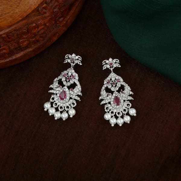 Women's Rhodium Plated CZ Designer Dangle Earrings with Pearls