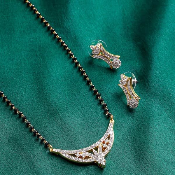 Women's Gold Plated Single Line Mangalsutra Necklace Set with White Crystals