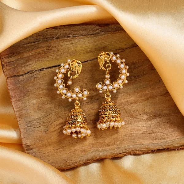 Women's Gold Plated Casual Elephant Designer Jhumka Earrings with White Pearls