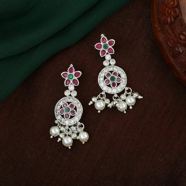 Women's Rhodium Plated CZ Flower Designer Bridal Earrings with Pearls