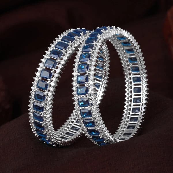Women's Rhodium Plated Blue American Diamond Bangles 2.6 Size|Glamour and Elegance